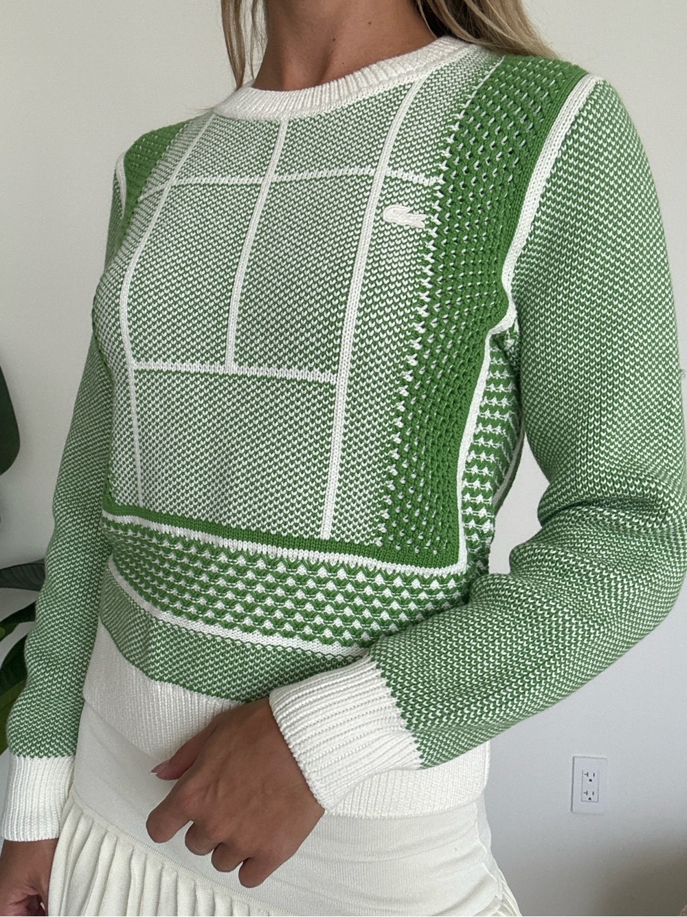 Lacoste Green and White Knit Crewneck Sweater